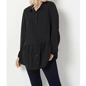 LOGO Stretch Woven Button Front Blouse Sz M